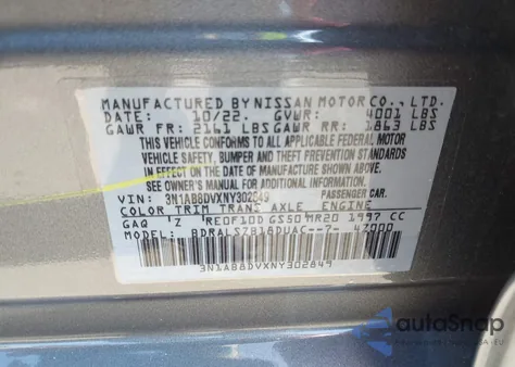 2022 Nissan Sentra Sr Xtronic Cvt z USA, uszkodzony, nr VIN 3N1AB8DVXNY302849